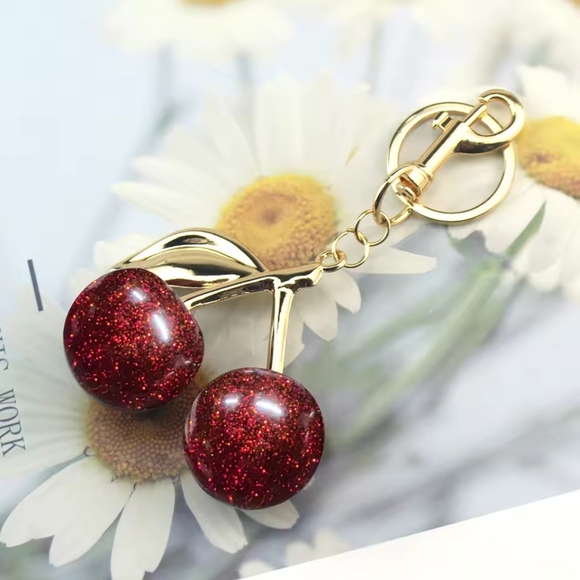 Accessories - Glitter Red And Gold Cherry Bag Charm Small